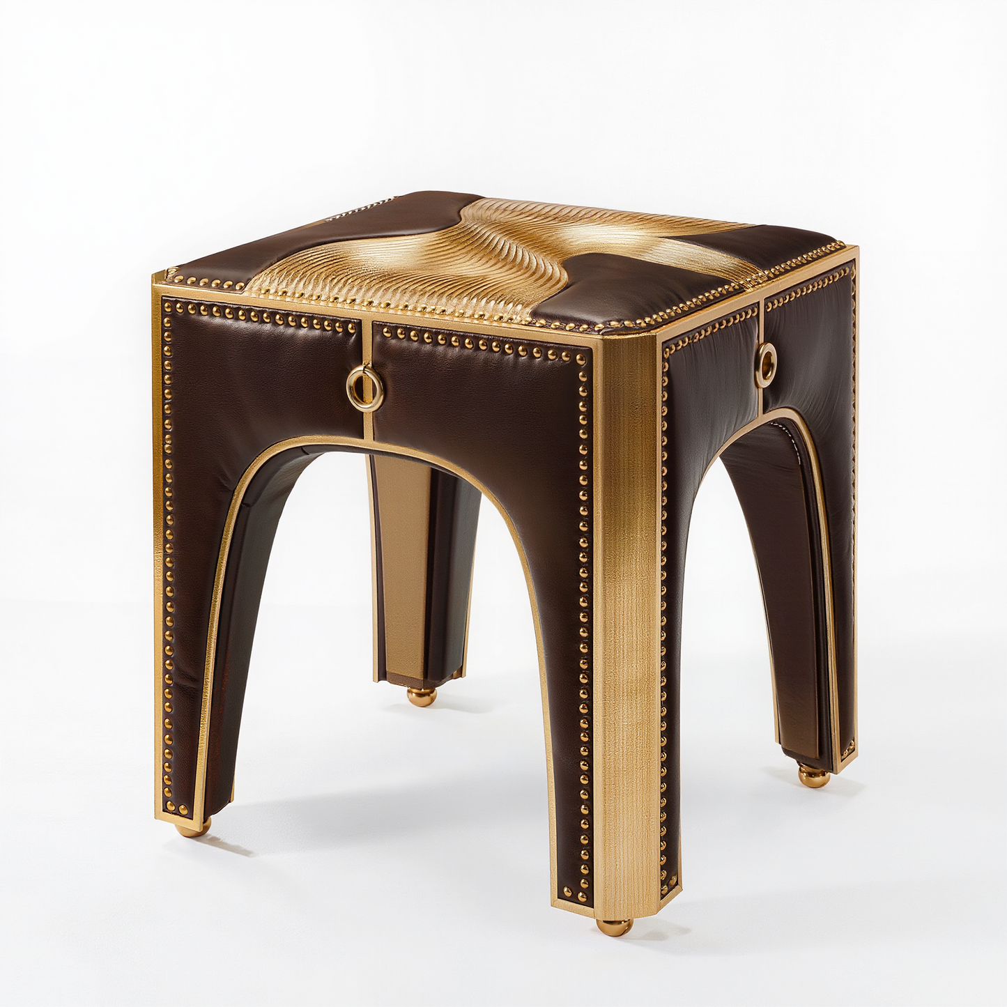 Art Deco Dark Leather & Gold Accent Stool