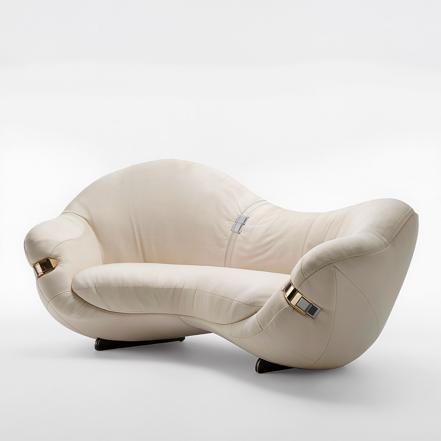 Sculptural Cream Leather Curved Loveseat Sofa – Avant-Garde Organic Modern 2-Seater Lounge with Gold & Chrome Hardware Accents