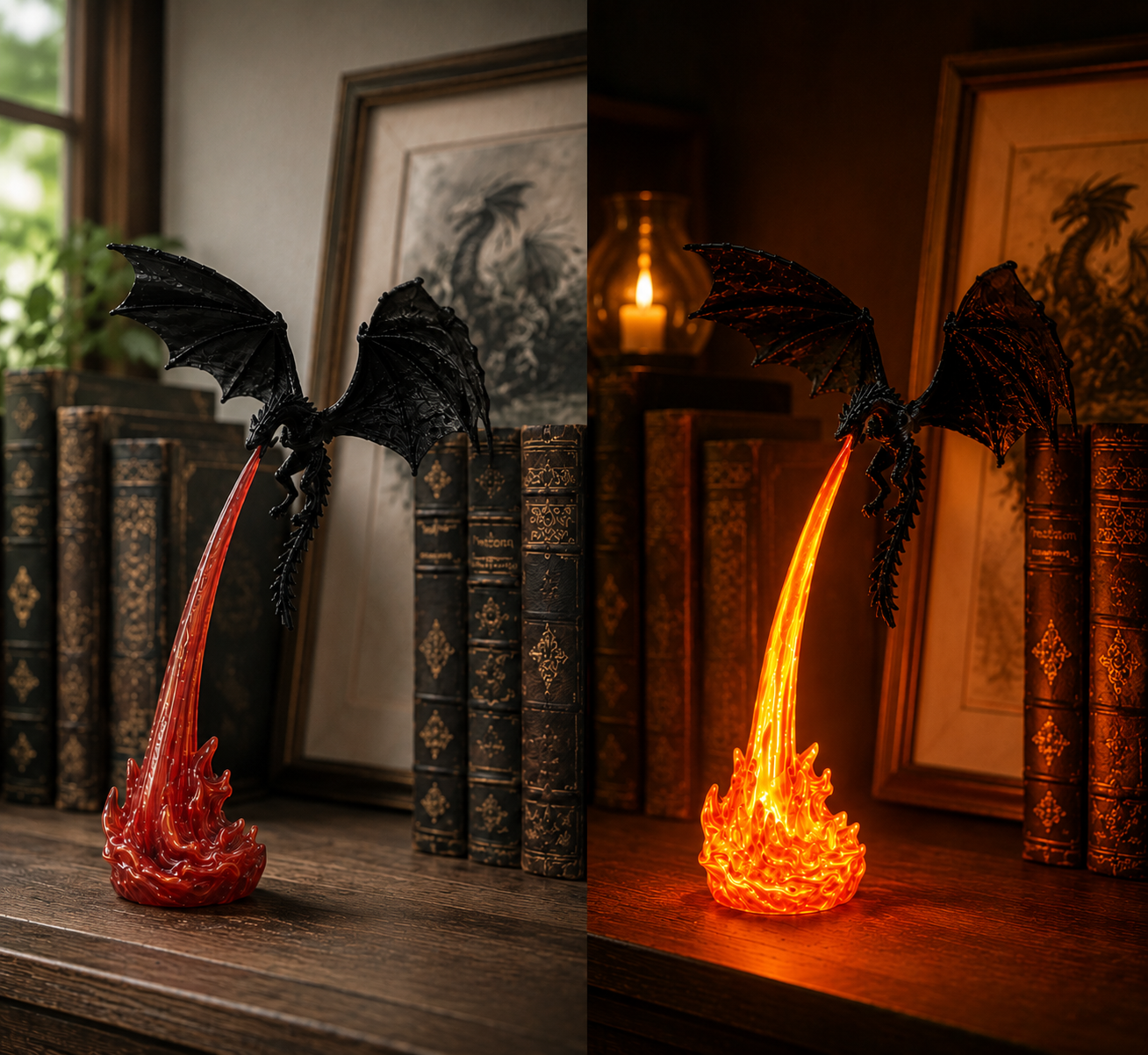 Dragon Flame Book Nook – Light-Up Fantasy Dragon Bookshelf Decor
