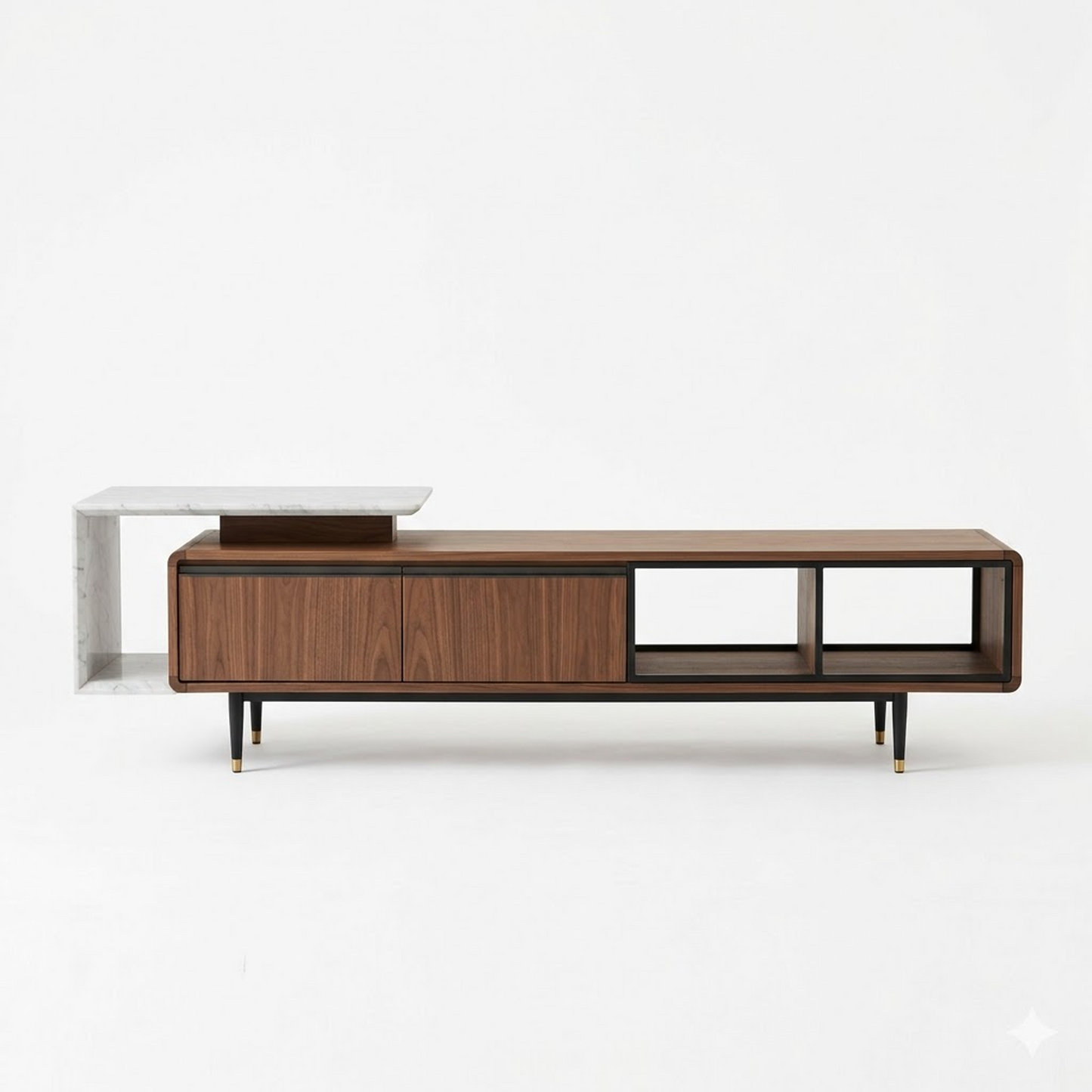 Mid-Century Walnut & Marble Asymmetrical Media Console