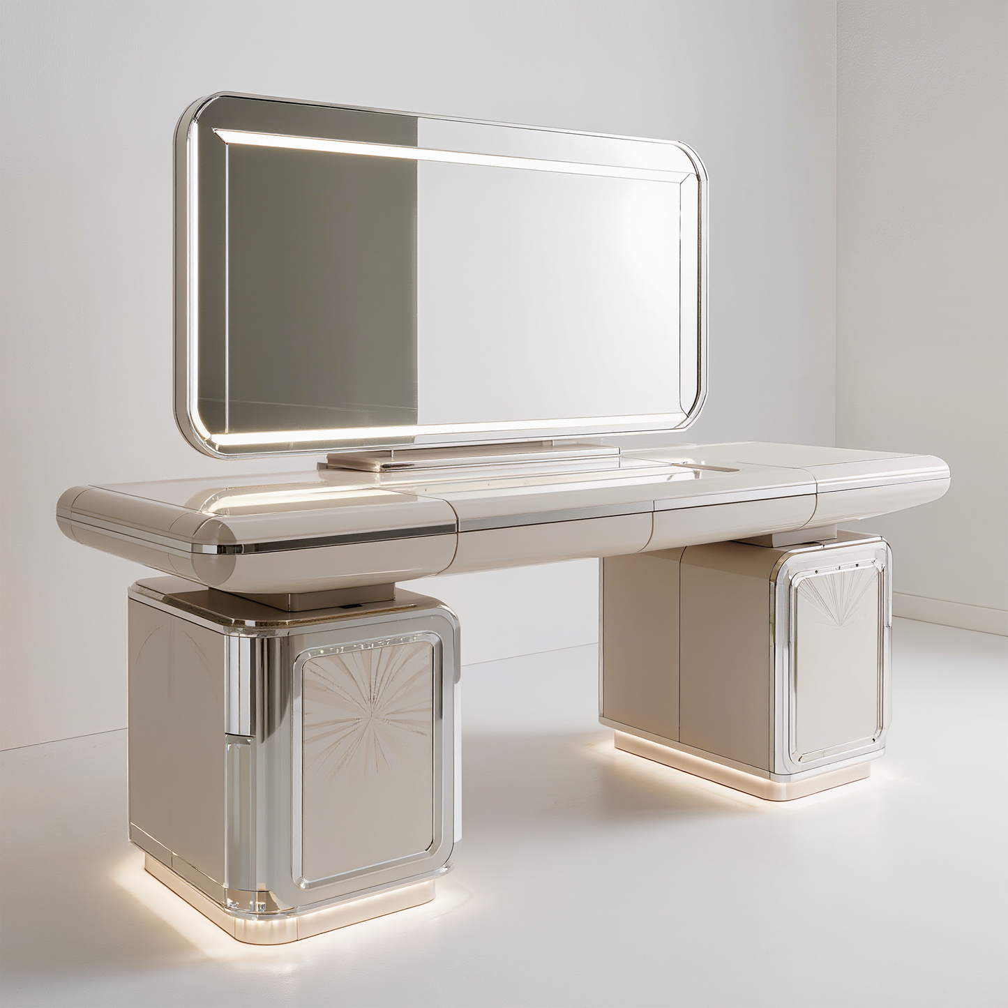 Art Deco Glamour Silver Mirrored Vanity Desk – Hollywood Regency Makeup Dressing Table with LED Backlit Mirror, Sunburst Etched Panels & Ambient Under-Glow Lighting