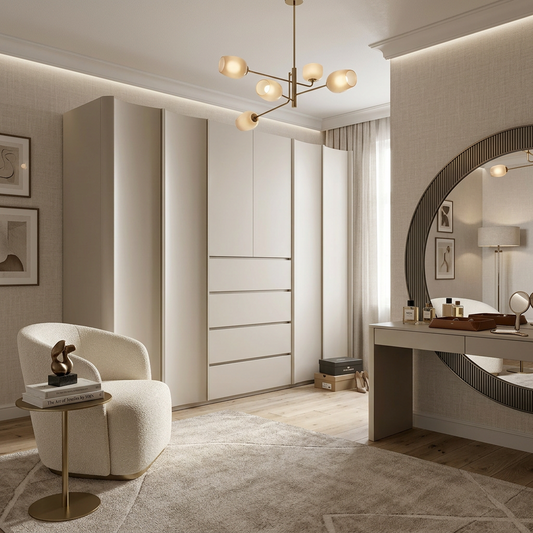 Minimalist Cream Beige Modular Wardrobe – Scandinavian Organic Modern 6-Door Freestanding Closet with Sculpted Wave Silhouette, Integrated Drawers & Handleless Push-to-Open Design