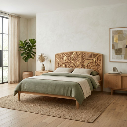 Minimalist White Oak Solid Wood Bed – Scandinavian Organic Modern Platform Bed with Marquetry Headboard, Soft Rounded Edges & Solid Joinery