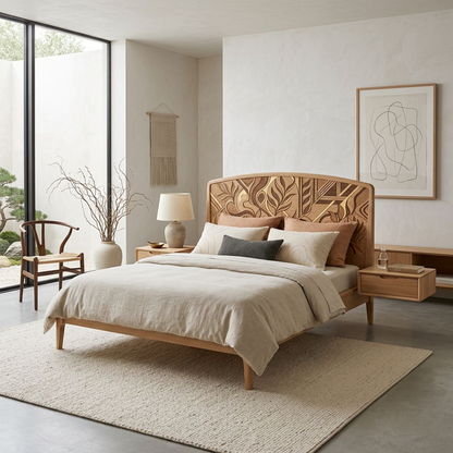 Minimalist White Oak Solid Wood Bed – Scandinavian Organic Modern Platform Bed with Marquetry Headboard, Soft Rounded Edges & Solid Joinery