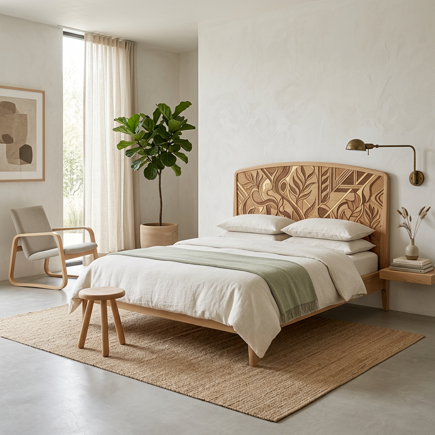Minimalist White Oak Solid Wood Bed – Scandinavian Organic Modern Platform Bed with Marquetry Headboard, Soft Rounded Edges & Solid Joinery