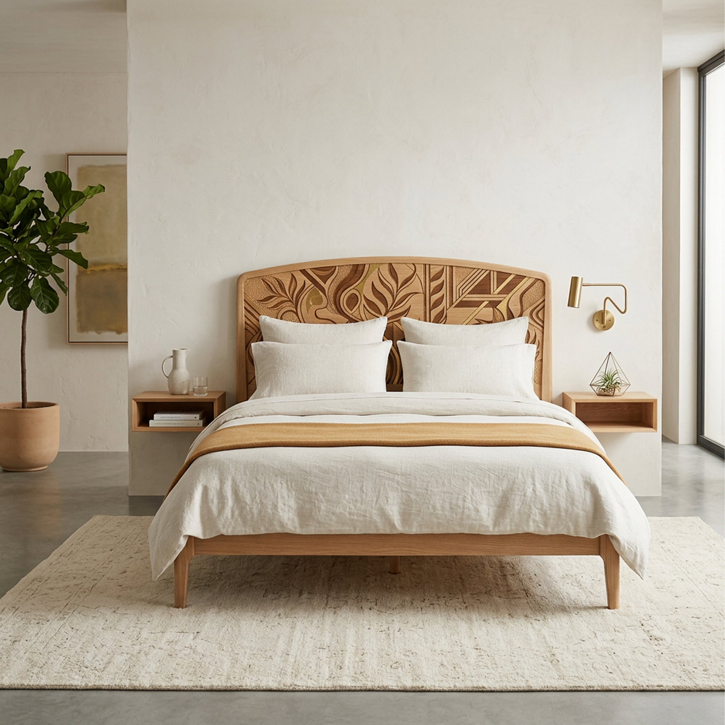 Minimalist White Oak Solid Wood Bed – Scandinavian Organic Modern Platform Bed with Marquetry Headboard, Soft Rounded Edges & Solid Joinery