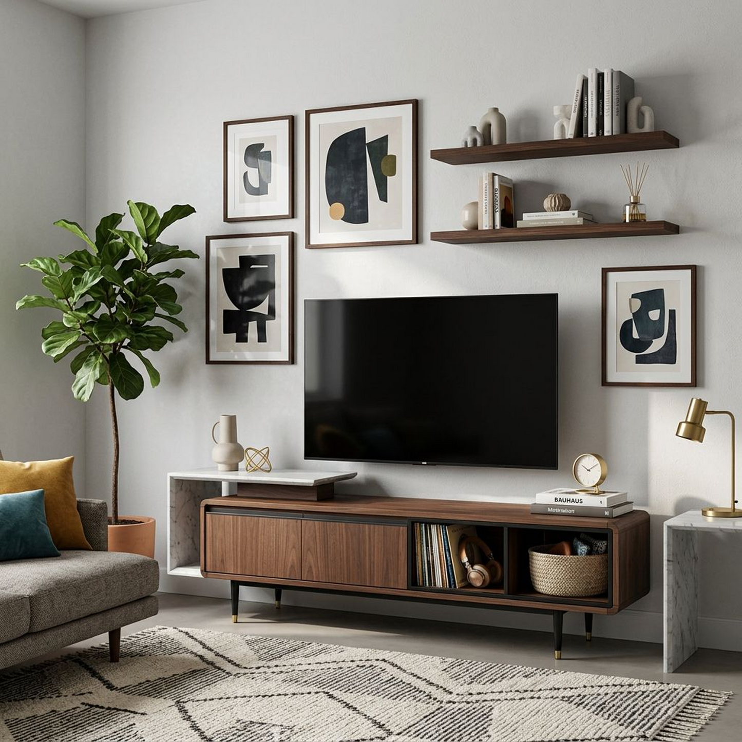 Mid-Century Walnut & Marble Asymmetrical Media Console