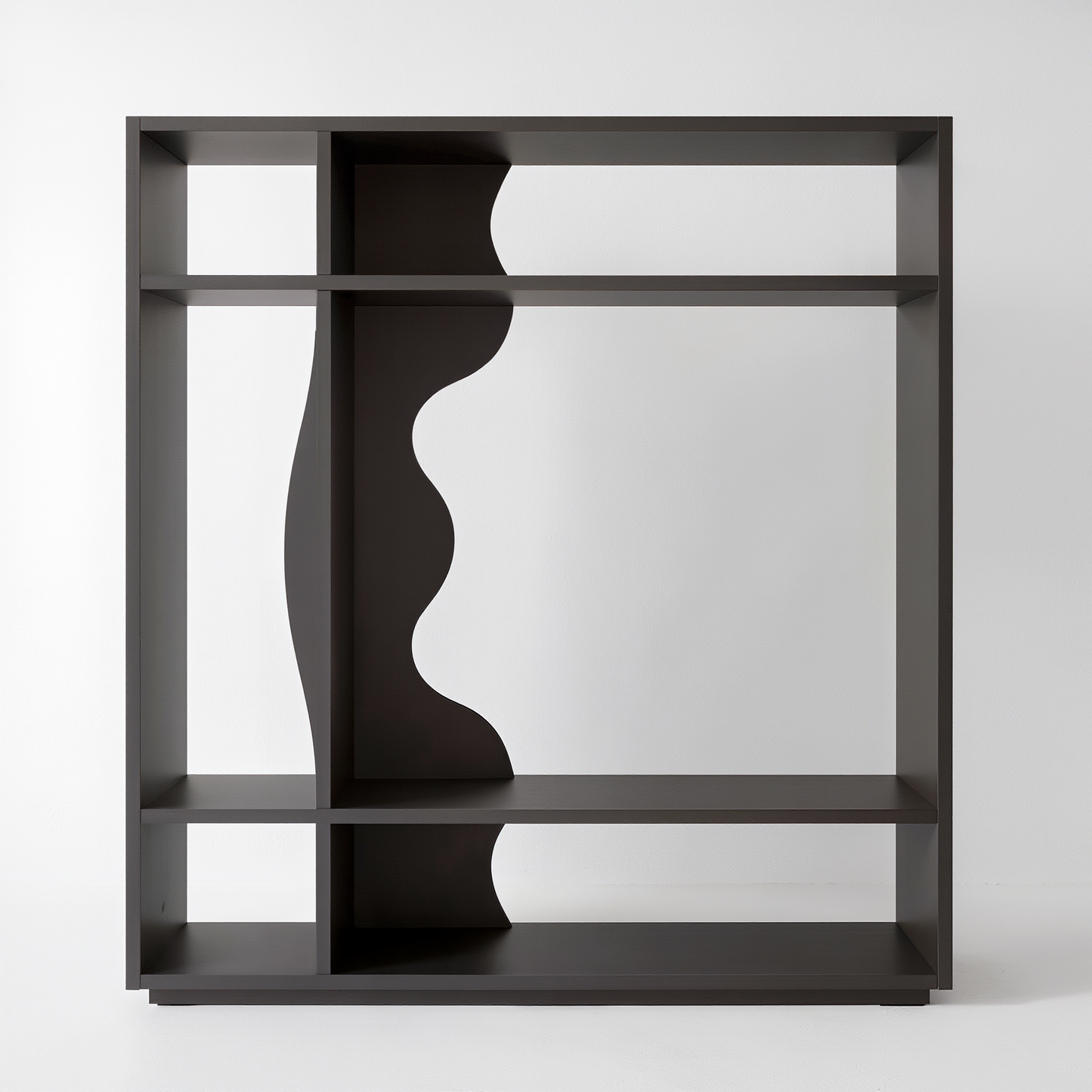 Modern Sculptural Dark Charcoal Bookshelf – Asymmetric Open Display Shelf with Wavy Squiggle Divider & Minimalist Geometric Design