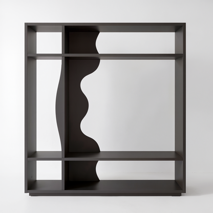 Modern Sculptural Dark Charcoal Bookshelf – Asymmetric Open Display Shelf with Wavy Squiggle Divider & Minimalist Geometric Design