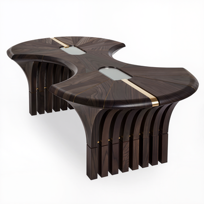 Sculptural Dark Walnut Abstract Coffee Table with Brass & Glass Inlays