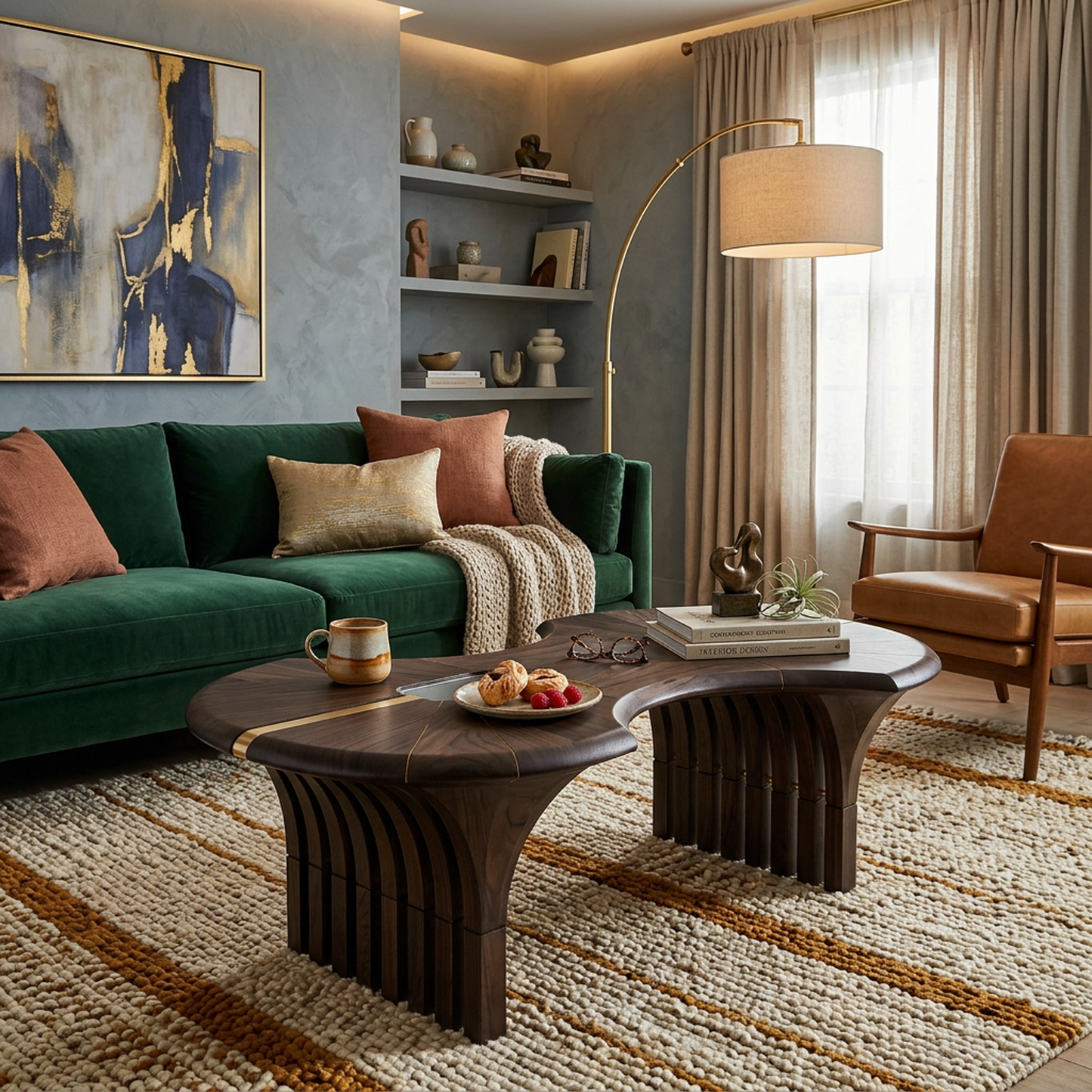 Sculptural Dark Walnut Abstract Coffee Table with Brass & Glass Inlays