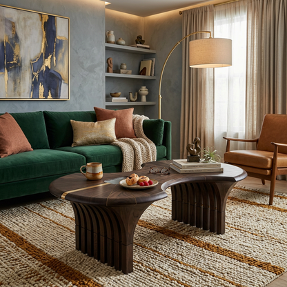 Sculptural Dark Walnut Abstract Coffee Table with Brass & Glass Inlays