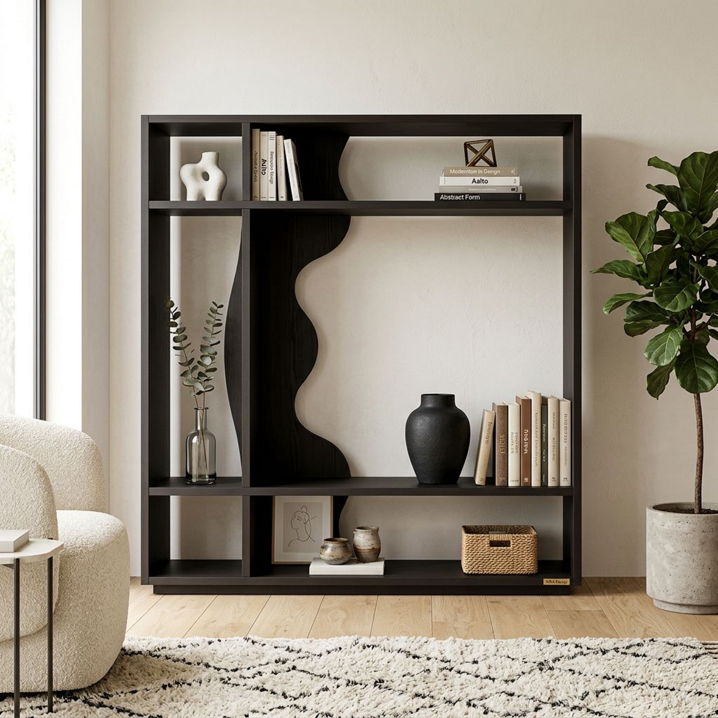 Modern Sculptural Dark Charcoal Bookshelf – Asymmetric Open Display Shelf with Wavy Squiggle Divider & Minimalist Geometric Design