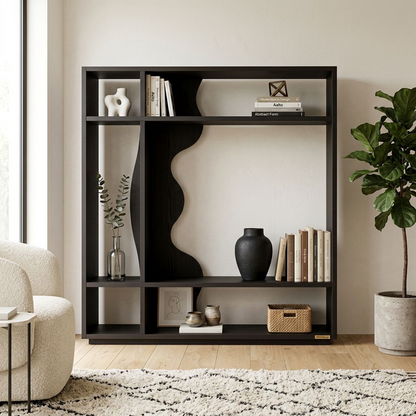Modern Sculptural Dark Charcoal Bookshelf – Asymmetric Open Display Shelf with Wavy Squiggle Divider & Minimalist Geometric Design