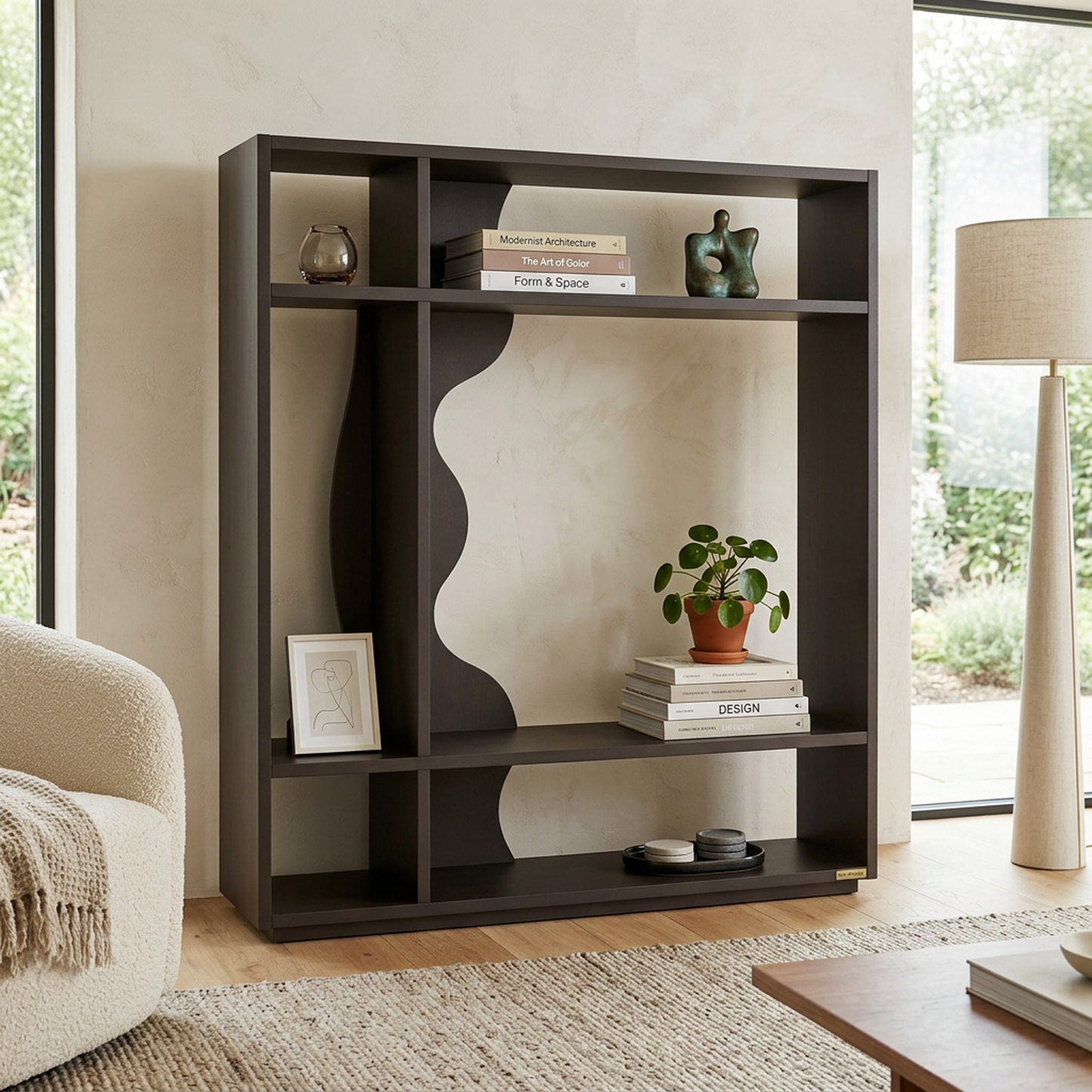 Modern Sculptural Dark Charcoal Bookshelf – Asymmetric Open Display Shelf with Wavy Squiggle Divider & Minimalist Geometric Design