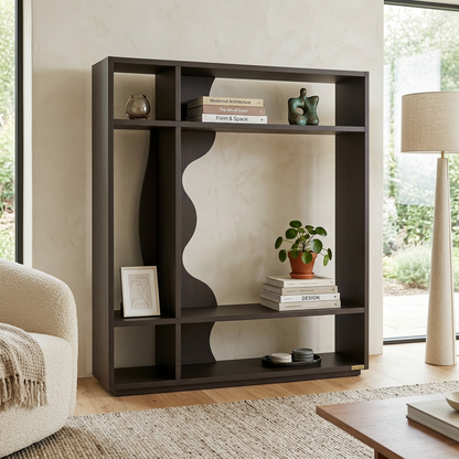 Modern Sculptural Dark Charcoal Bookshelf – Asymmetric Open Display Shelf with Wavy Squiggle Divider & Minimalist Geometric Design