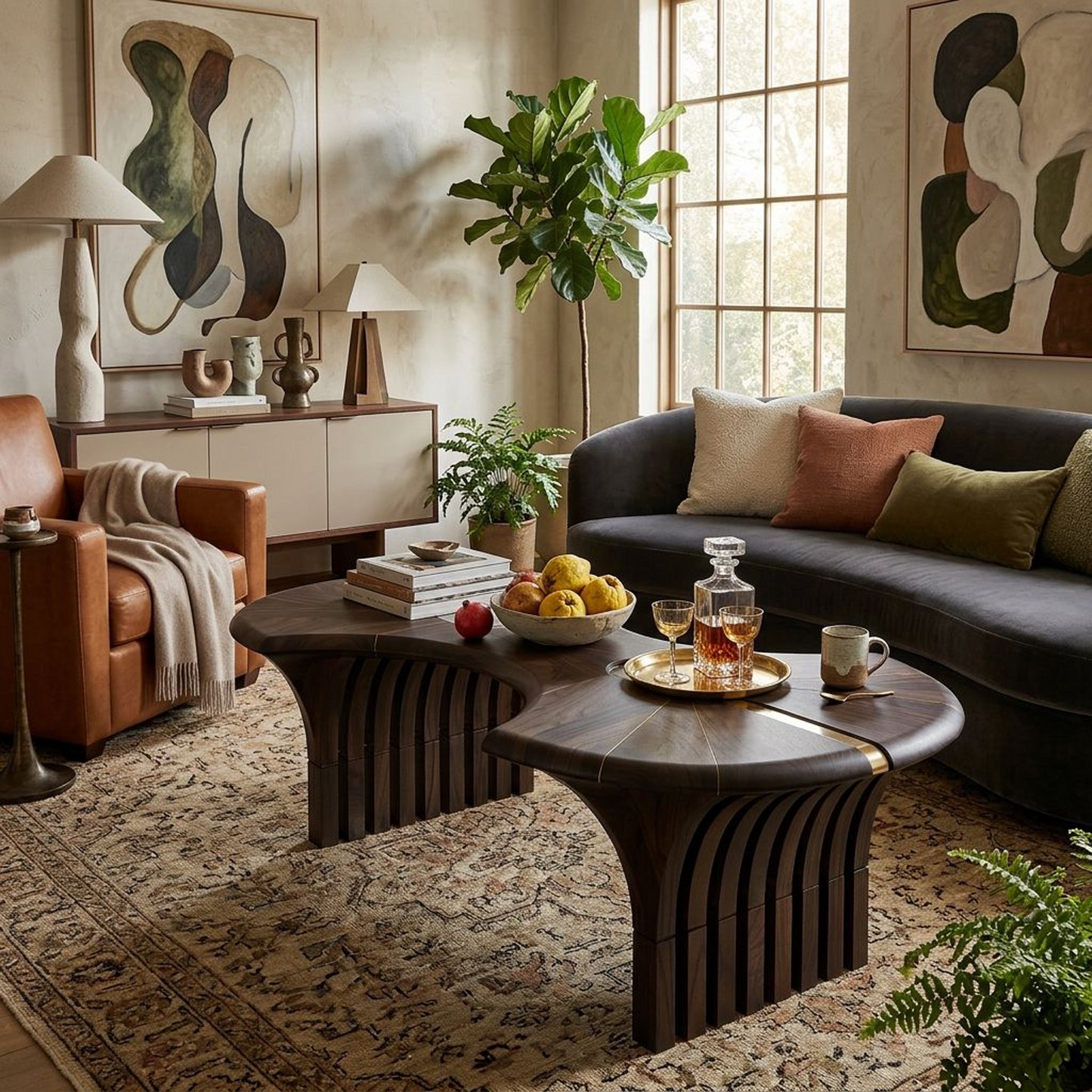 Sculptural Dark Walnut Abstract Coffee Table with Brass & Glass Inlays