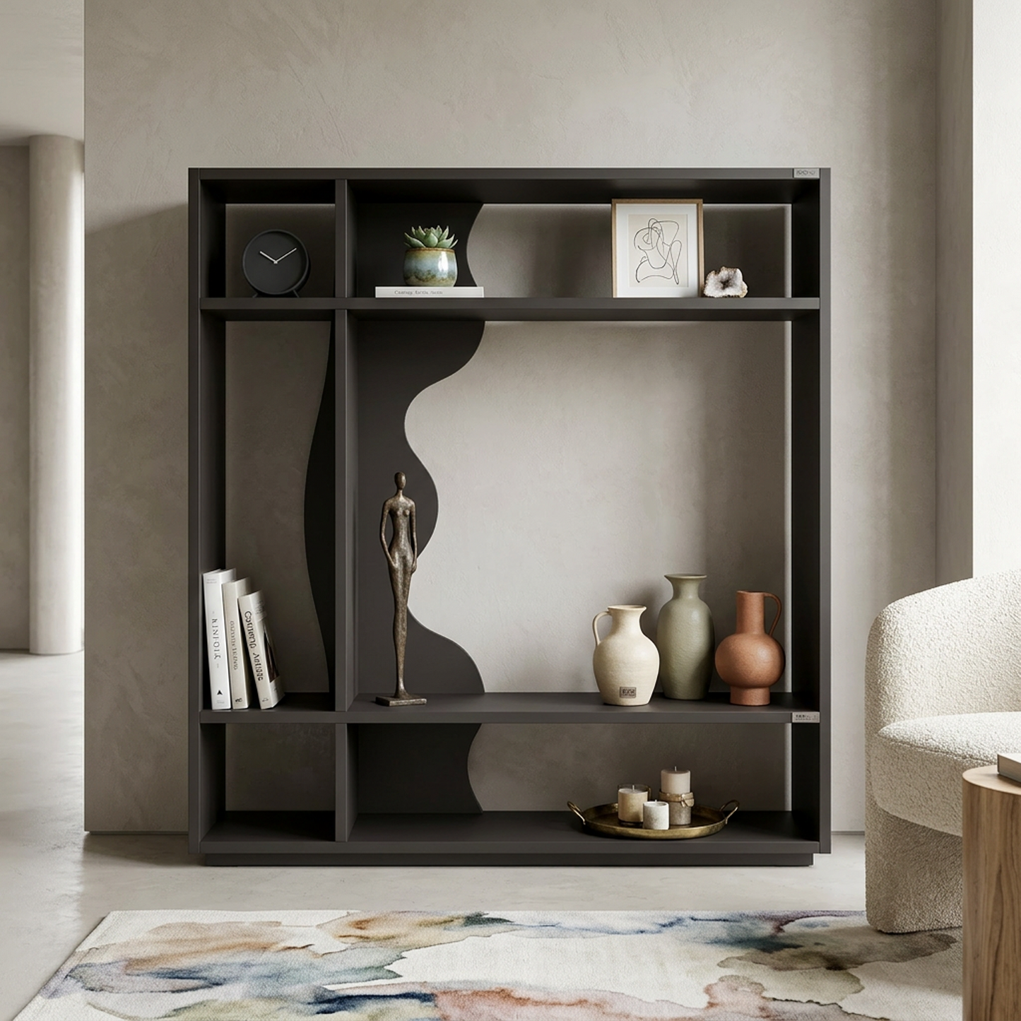 Modern Sculptural Dark Charcoal Bookshelf – Asymmetric Open Display Shelf with Wavy Squiggle Divider & Minimalist Geometric Design