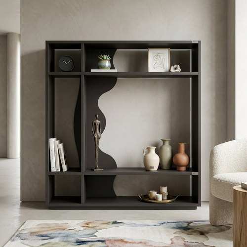 Modern Sculptural Dark Charcoal Bookshelf – Asymmetric Open Display Shelf with Wavy Squiggle Divider & Minimalist Geometric Design