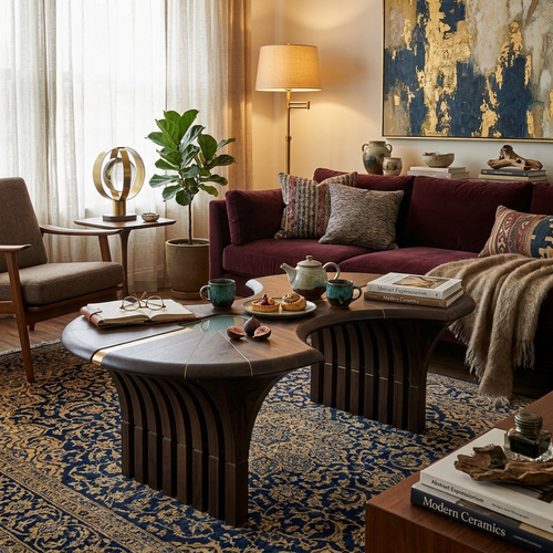 Sculptural Dark Walnut Abstract Coffee Table with Brass & Glass Inlays