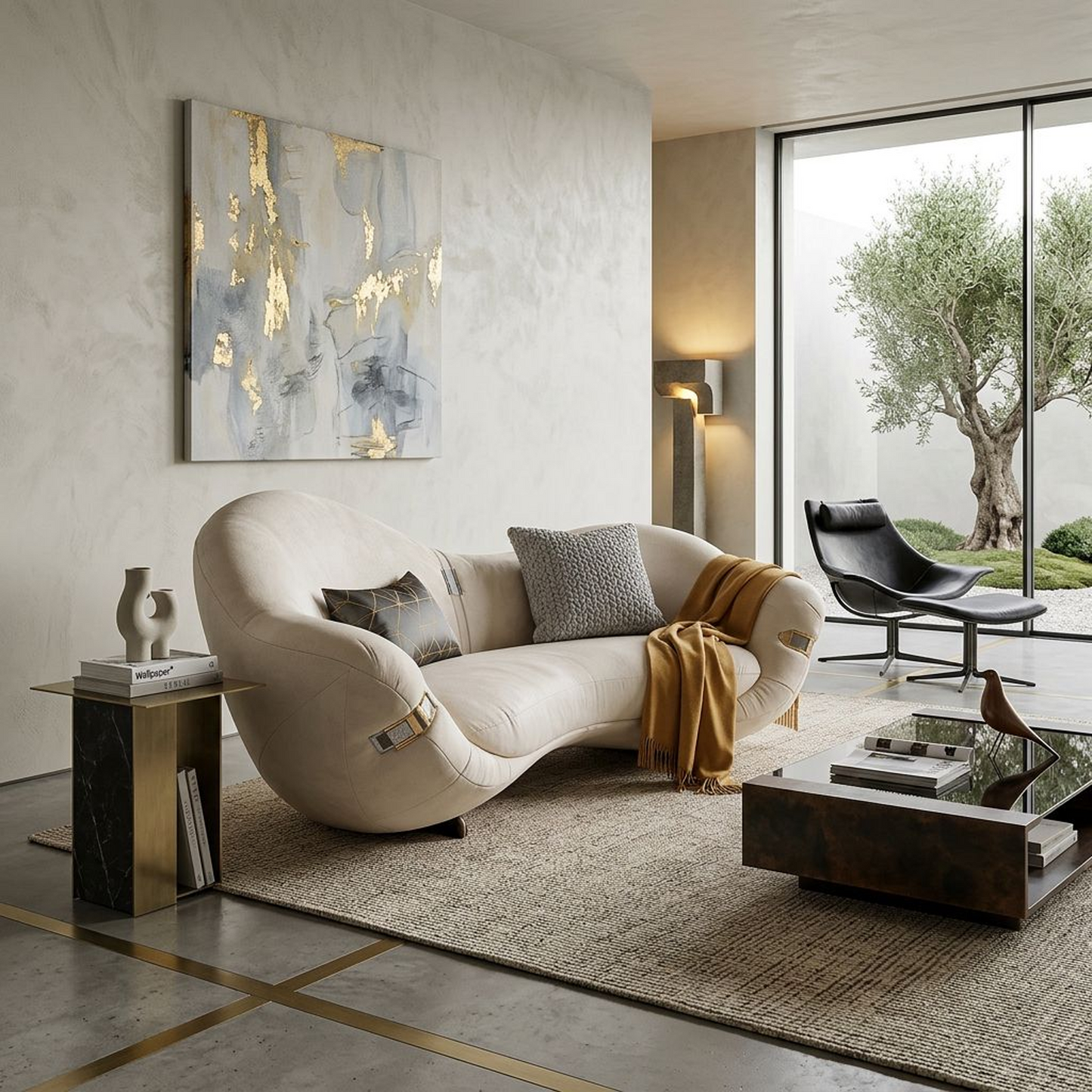 Sculptural Cream Leather Curved Loveseat Sofa – Avant-Garde Organic Modern 2-Seater Lounge with Gold & Chrome Hardware Accents