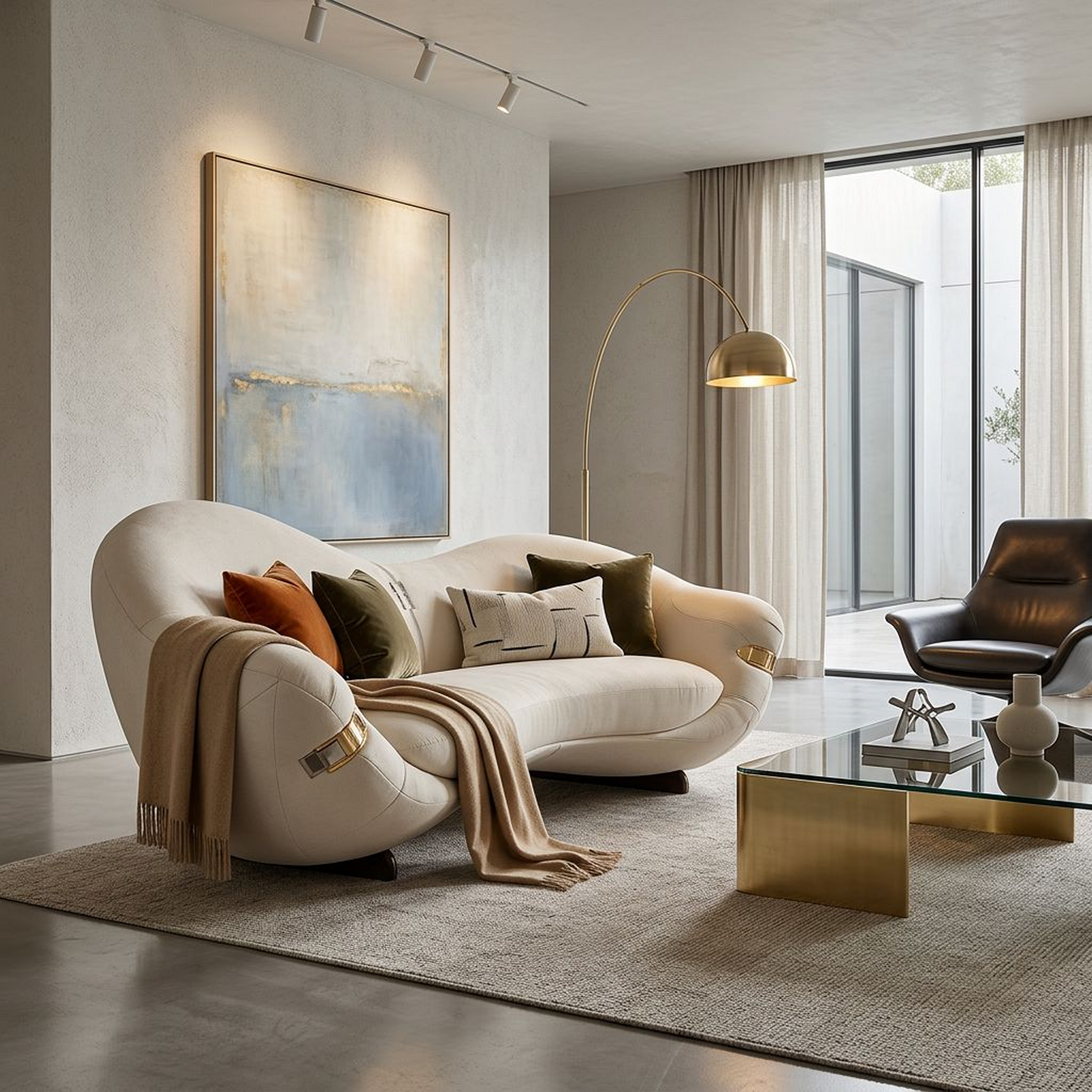 Sculptural Cream Leather Curved Loveseat Sofa – Avant-Garde Organic Modern 2-Seater Lounge with Gold & Chrome Hardware Accents