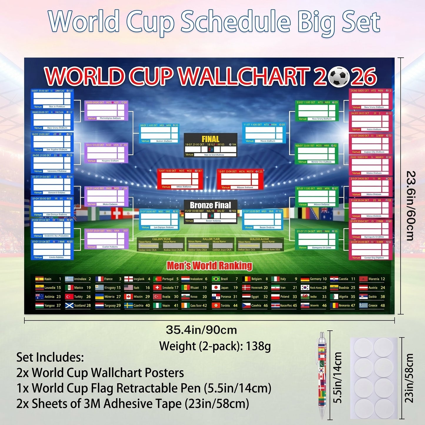 ⚽🏆 Ultimate 2026 Soccer Fan Wall Chart Kit – Group Stage & Knockout Posters (23.6 x 35.4). Marker Pen & Mounting Strips Included 🎁