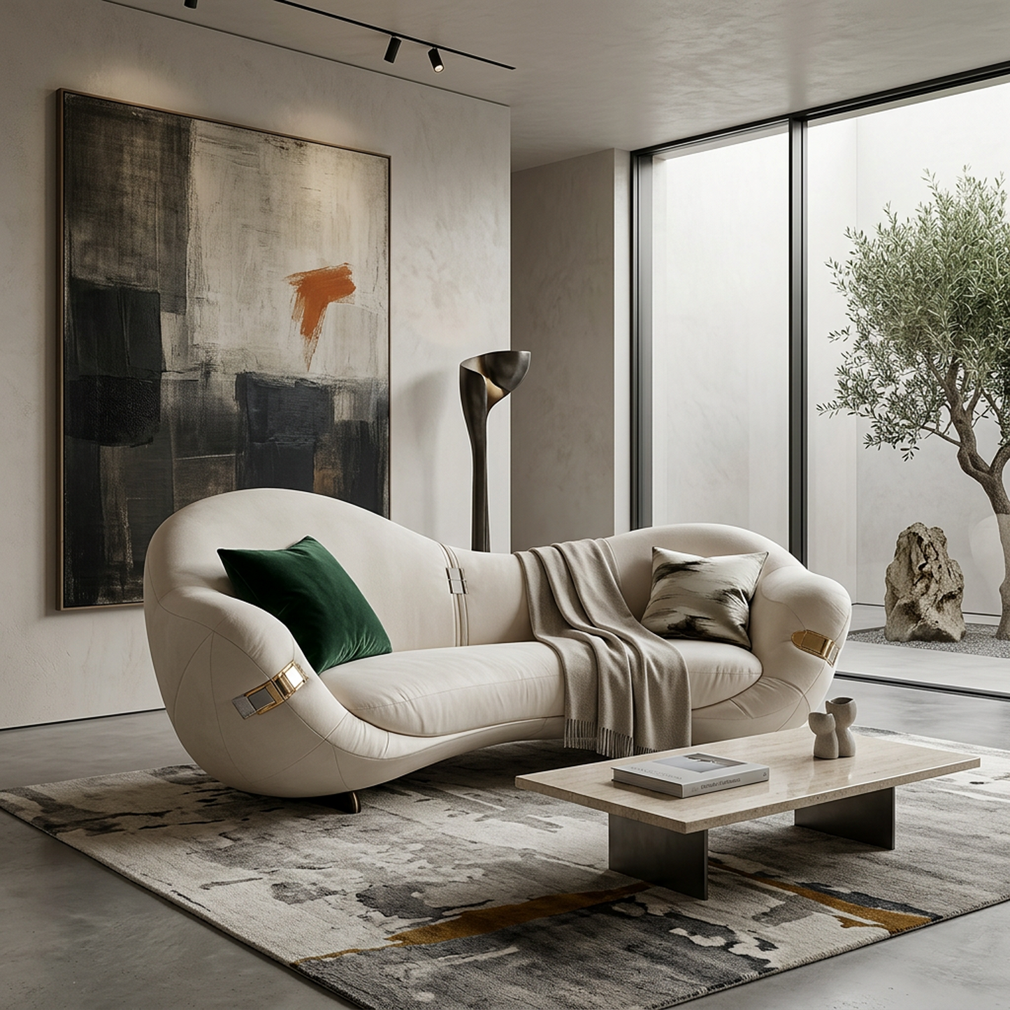 Sculptural Cream Leather Curved Loveseat Sofa – Avant-Garde Organic Modern 2-Seater Lounge with Gold & Chrome Hardware Accents