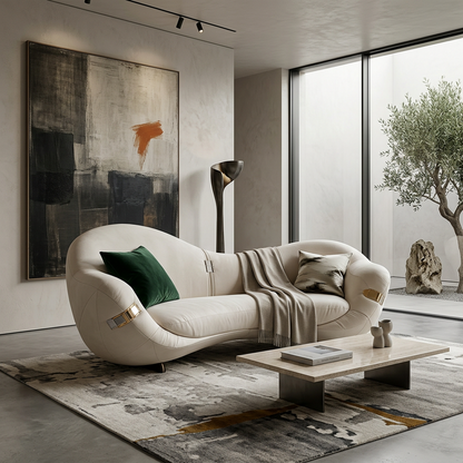 Sculptural Cream Leather Curved Loveseat Sofa – Avant-Garde Organic Modern 2-Seater Lounge with Gold & Chrome Hardware Accents