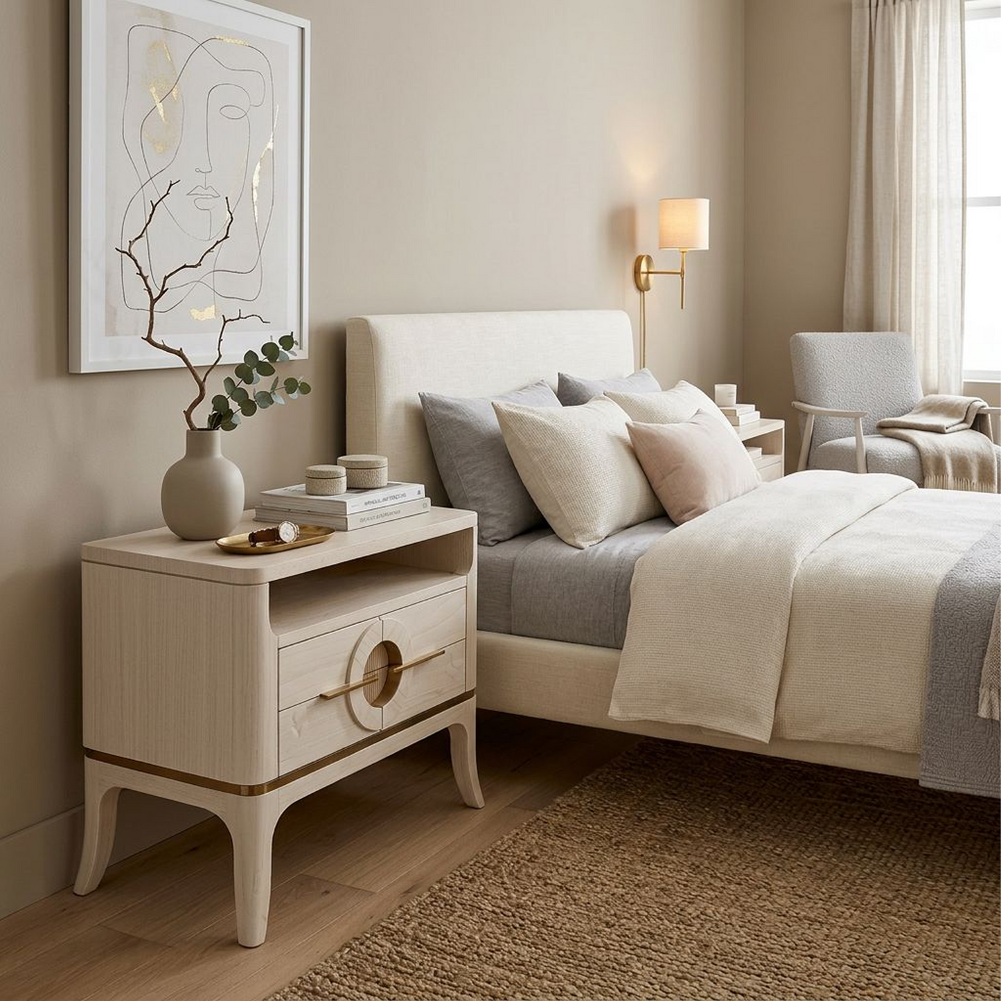 Bleached Oak Art Deco-Inspired Nightstand