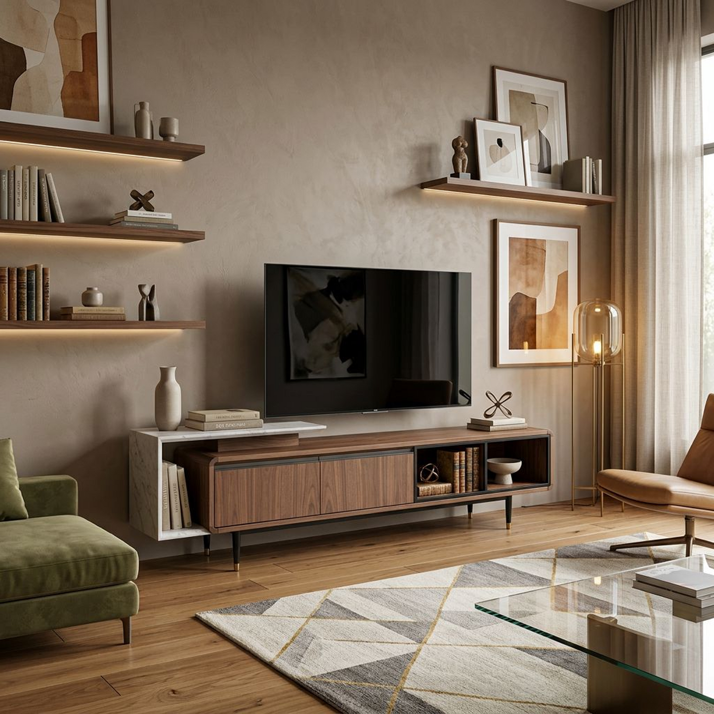 Mid-Century Walnut & Marble Asymmetrical Media Console