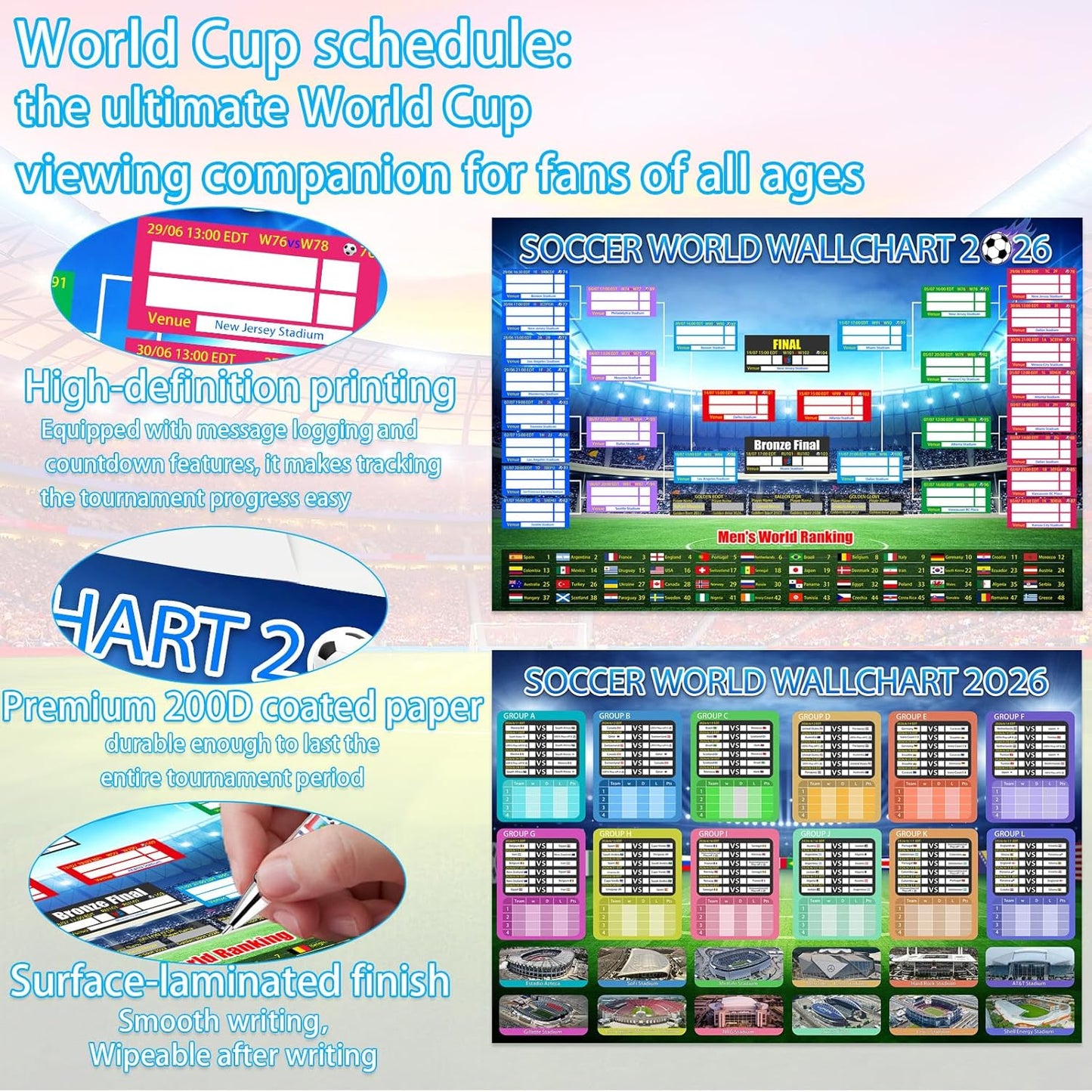 ⚽🏆 Ultimate 2026 Soccer Fan Wall Chart Kit – Group Stage & Knockout Posters (23.6 x 35.4). Marker Pen & Mounting Strips Included 🎁
