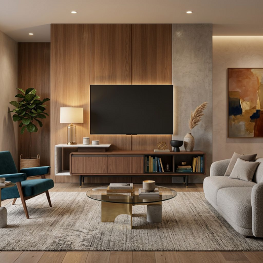 Mid-Century Walnut & Marble Asymmetrical Media Console