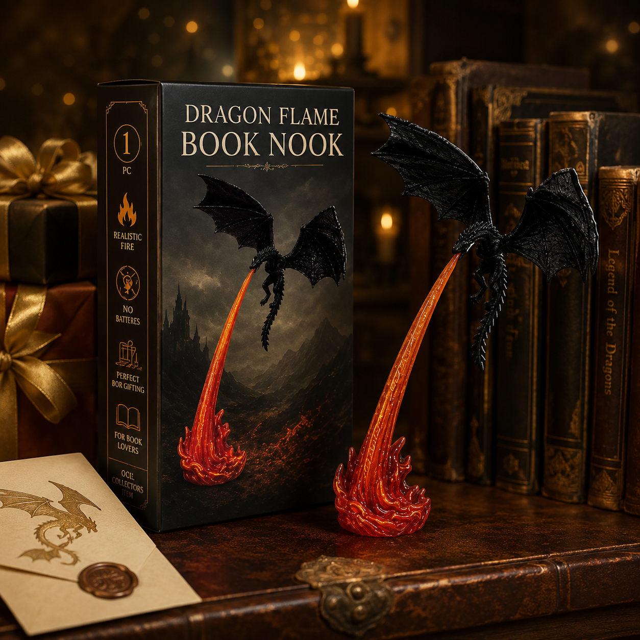 Dragon Flame Book Nook – Light-Up Fantasy Dragon Bookshelf Decor