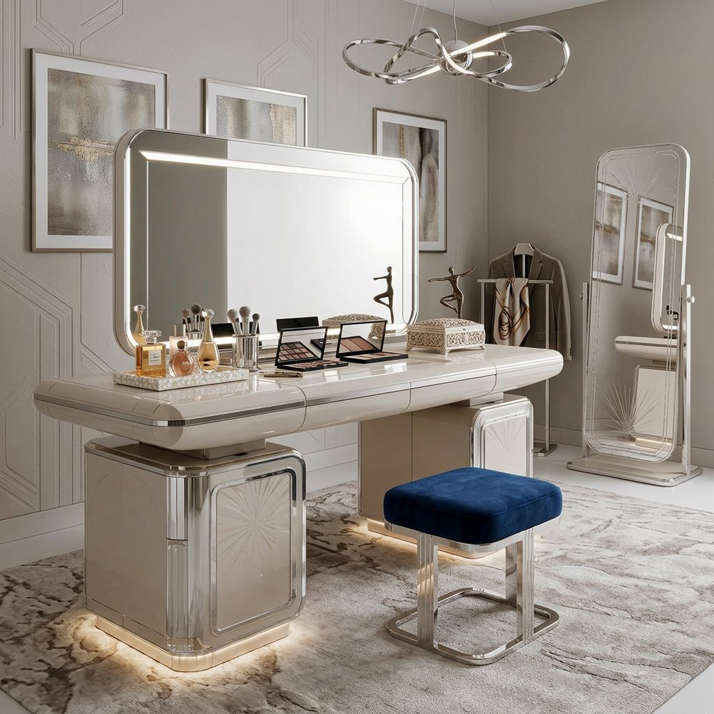 Art Deco Glamour Silver Mirrored Vanity Desk – Hollywood Regency Makeup Dressing Table with LED Backlit Mirror, Sunburst Etched Panels & Ambient Under-Glow Lighting
