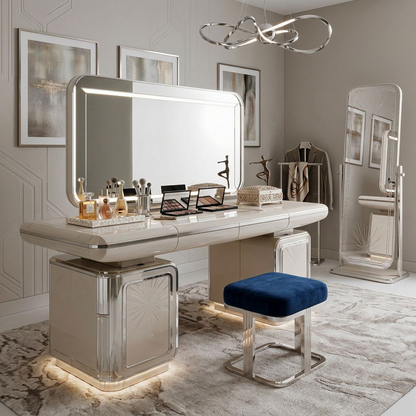 Art Deco Glamour Silver Mirrored Vanity Desk – Hollywood Regency Makeup Dressing Table with LED Backlit Mirror, Sunburst Etched Panels & Ambient Under-Glow Lighting