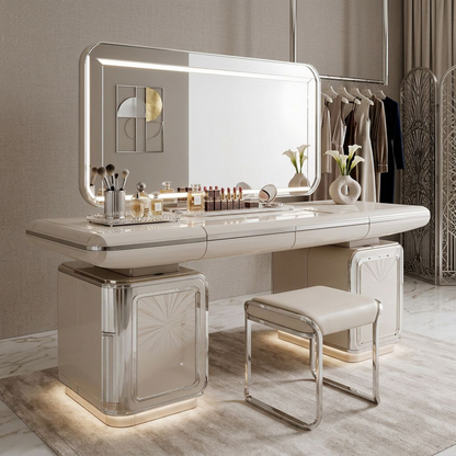 Art Deco Glamour Silver Mirrored Vanity Desk – Hollywood Regency Makeup Dressing Table with LED Backlit Mirror, Sunburst Etched Panels & Ambient Under-Glow Lighting