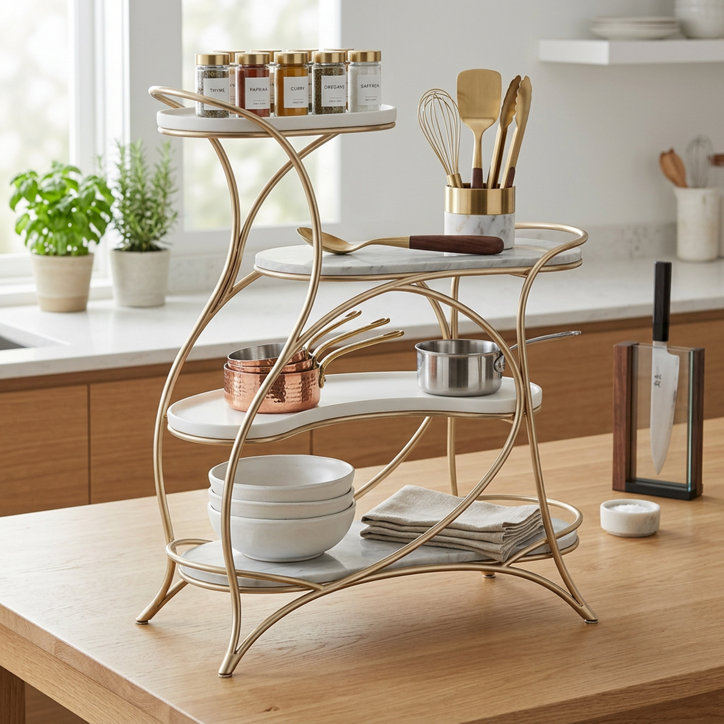 Art Nouveau-Inspired 4-Tier Marble & Gold Display Stand