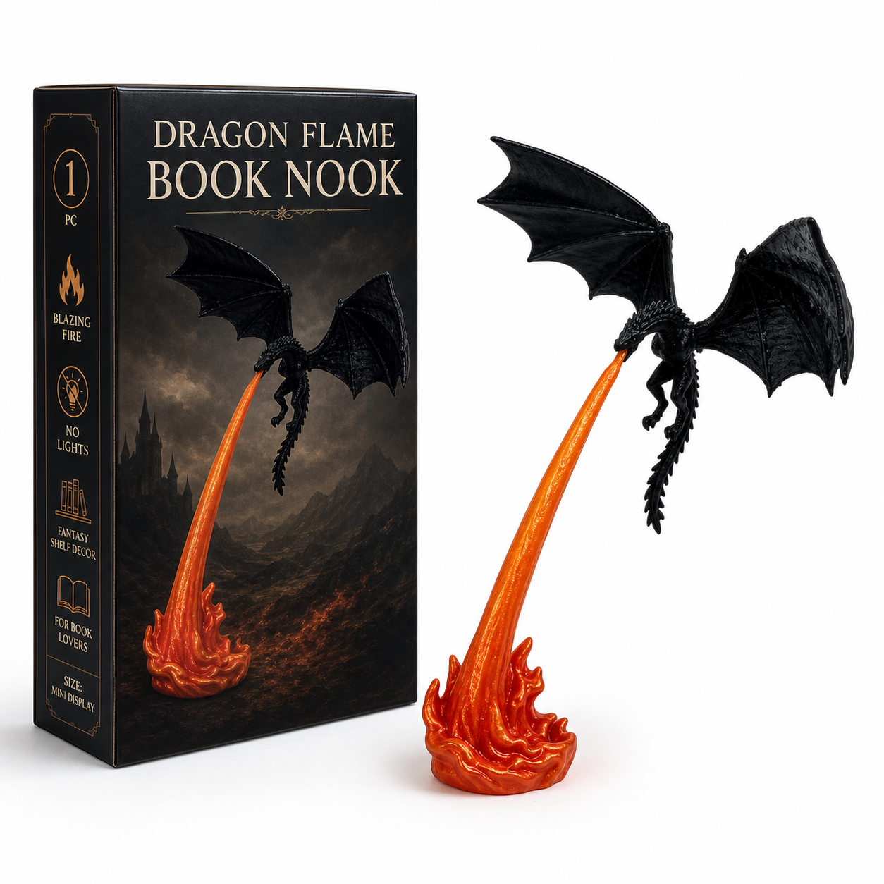 Dragon Flame Book Nook – Light-Up Fantasy Dragon Bookshelf Decor