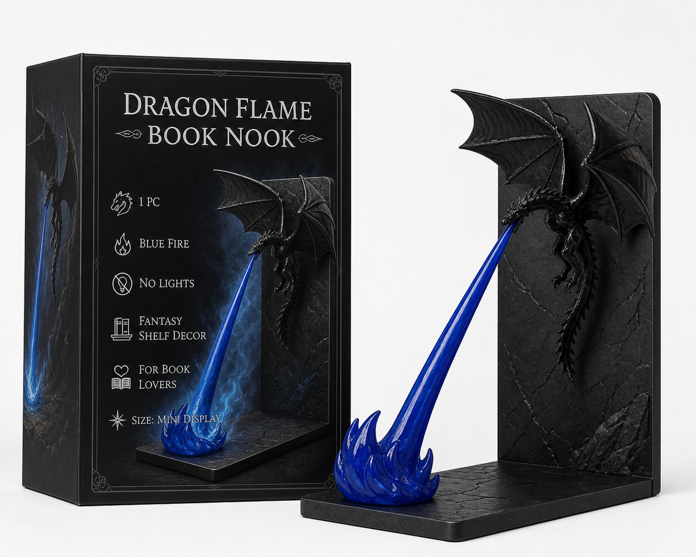 Dragon Flame Book Nook – Light-Up Fantasy Dragon Bookshelf Decor