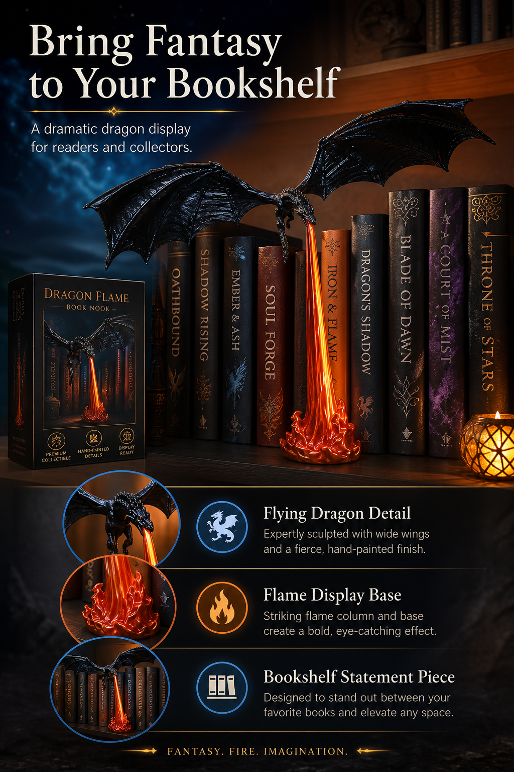 Dragon Flame Book Nook – Light-Up Fantasy Dragon Bookshelf Decor