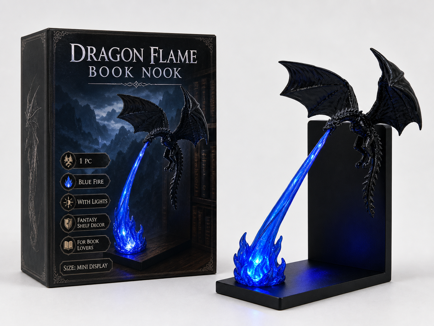 Dragon Flame Book Nook – Light-Up Fantasy Dragon Bookshelf Decor