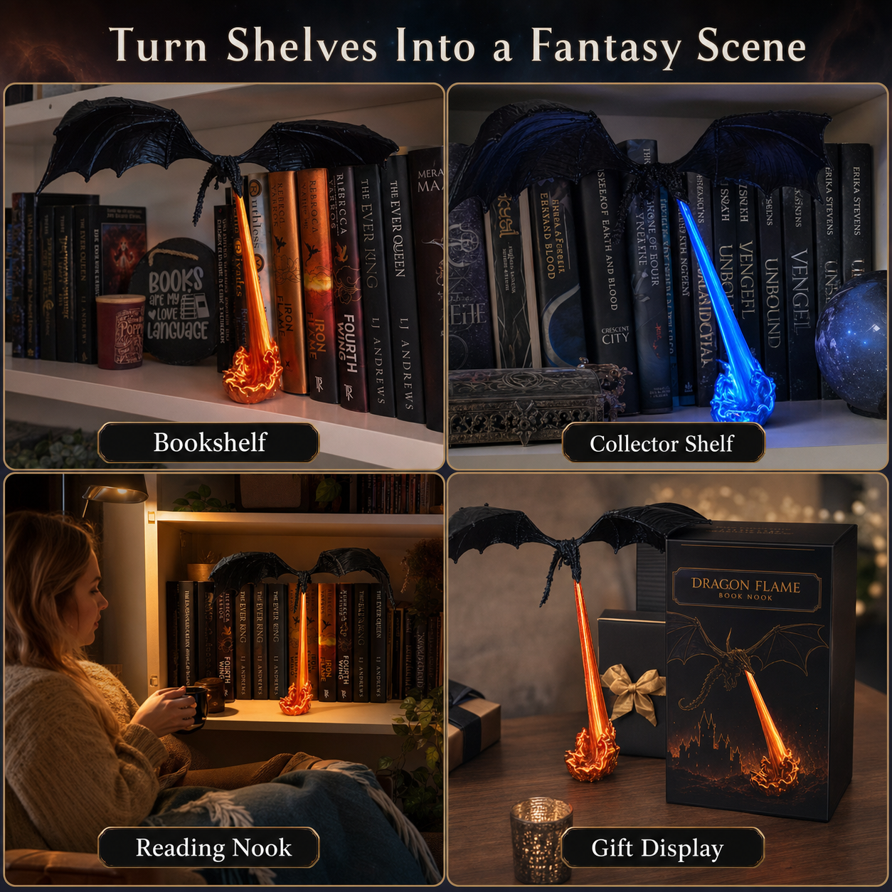 Dragon Flame Book Nook – Light-Up Fantasy Dragon Bookshelf Decor