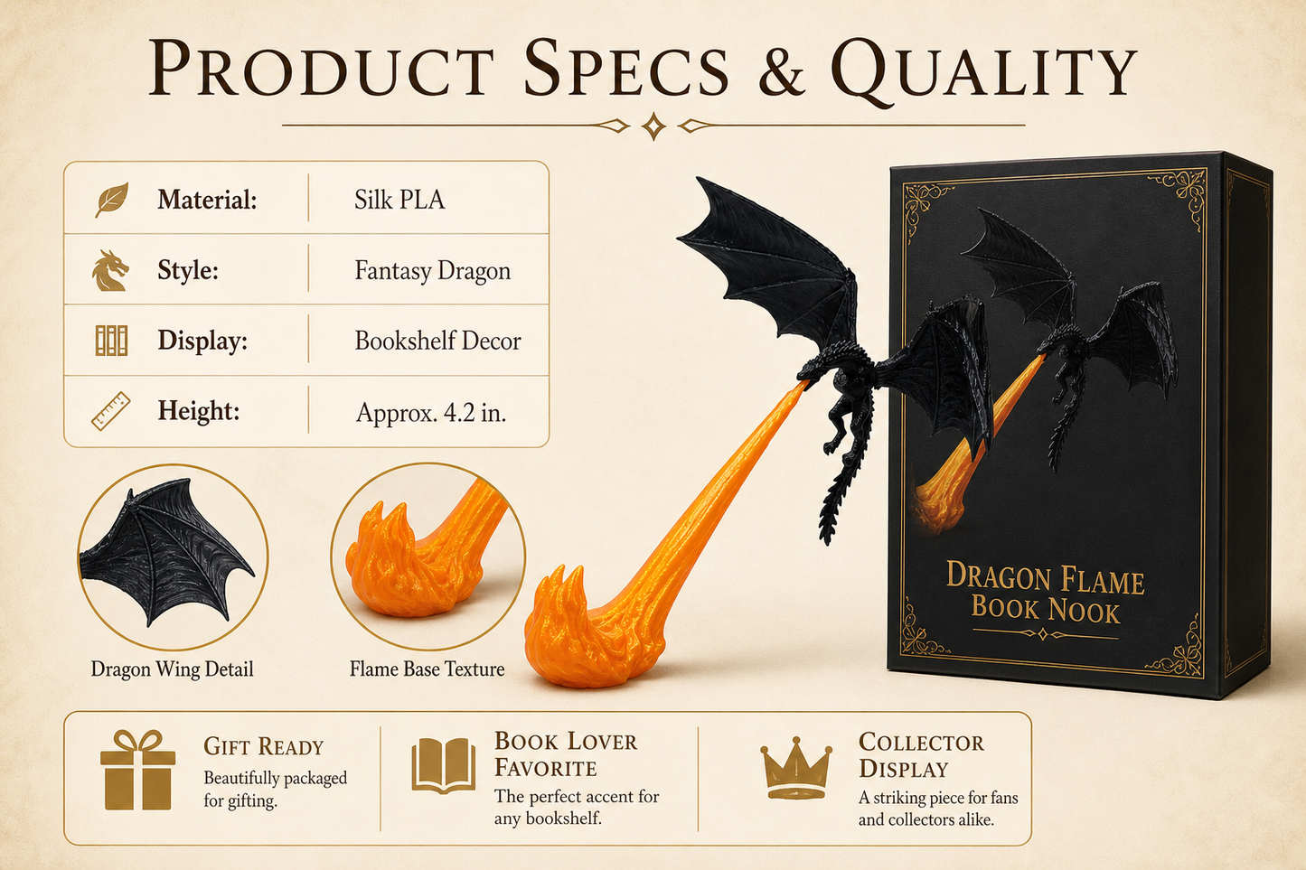 Dragon Flame Book Nook – Light-Up Fantasy Dragon Bookshelf Decor
