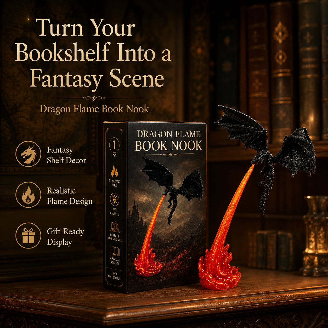 Dragon Flame Book Nook – Light-Up Fantasy Dragon Bookshelf Decor